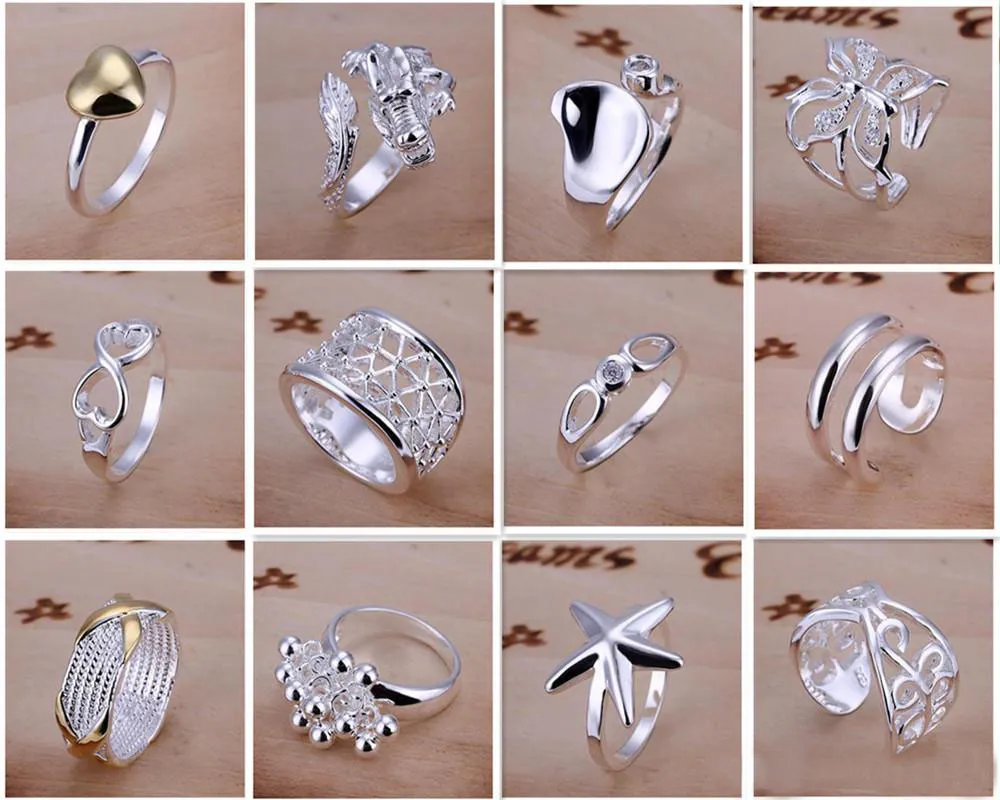 New Arrive 925 silversmycken 50 style 50st Charming Women girls fingerringar Multi Styles Ringar Mix size Hot Rea