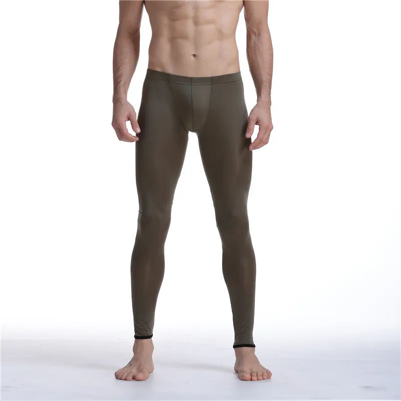 Uomini sexy maglia meschide trasparenti erotici ultra-sottili gay long johns gocciola di seta di seta pantaloni cimpili calza