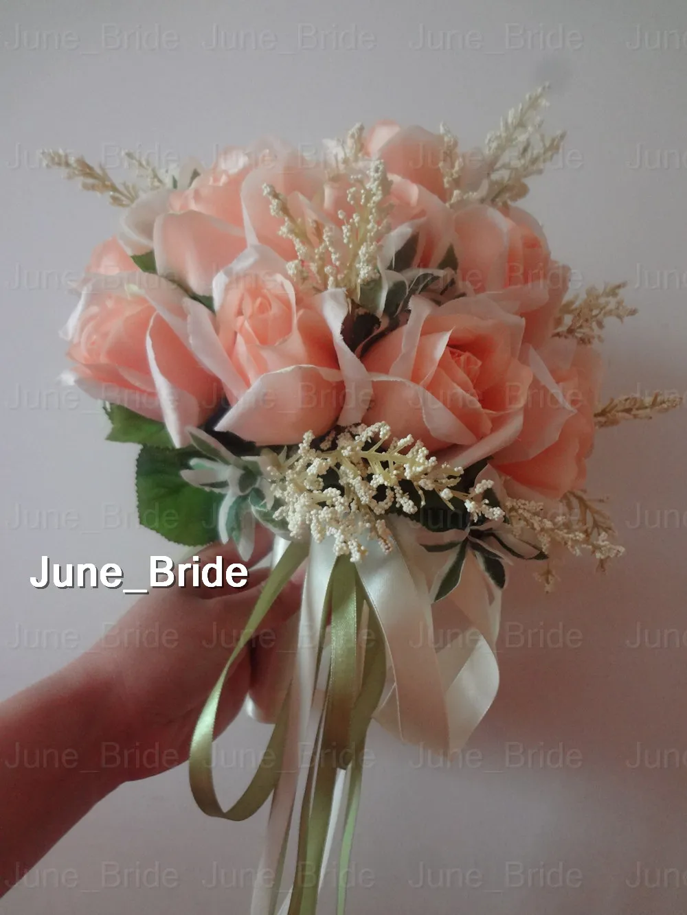 Bellissimo bouquet da sposa rosa pesca 18 fiori Real Po Tiro da sposa di alta qualità Fiore foglie verdi Bouquet da sposa damigella d'onore wi2649069