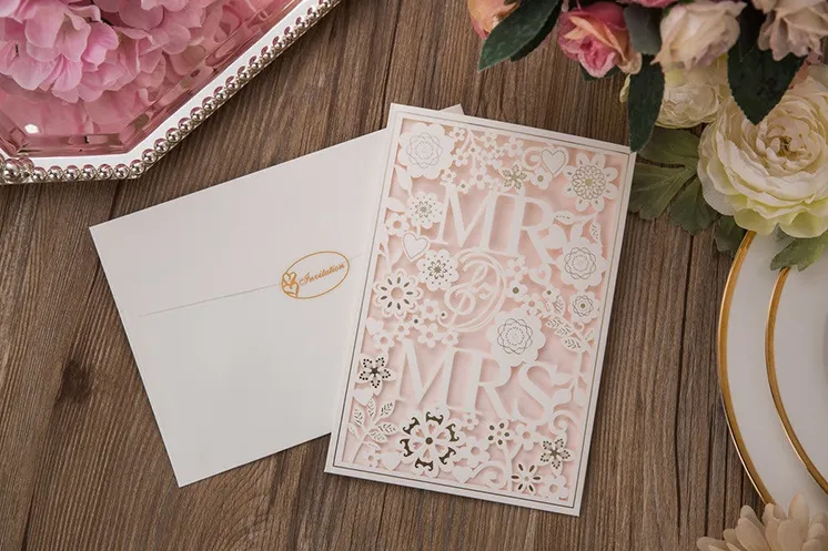 Cartes d'invitation de mariage découpées au Laser, fleurs en papier blanc, cartes d'invitation Mr Mrs, 2 couleurs, enveloppe et sceau, entier 4723391