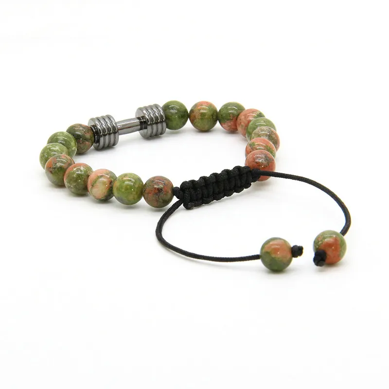 Men's Sport Bracelets Wholesale 8mm Unakite Stone Beads With New Barbell Fitness Dumbbell Macrame Charms Bracelets