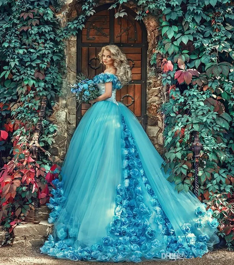 Винтажные синие платья Quinceanera, бальное платье, сказочные цветы ручной работы с открытыми плечами, фатиновые платья Sweet 16, Vestidos De 15 Anos Birthda2062