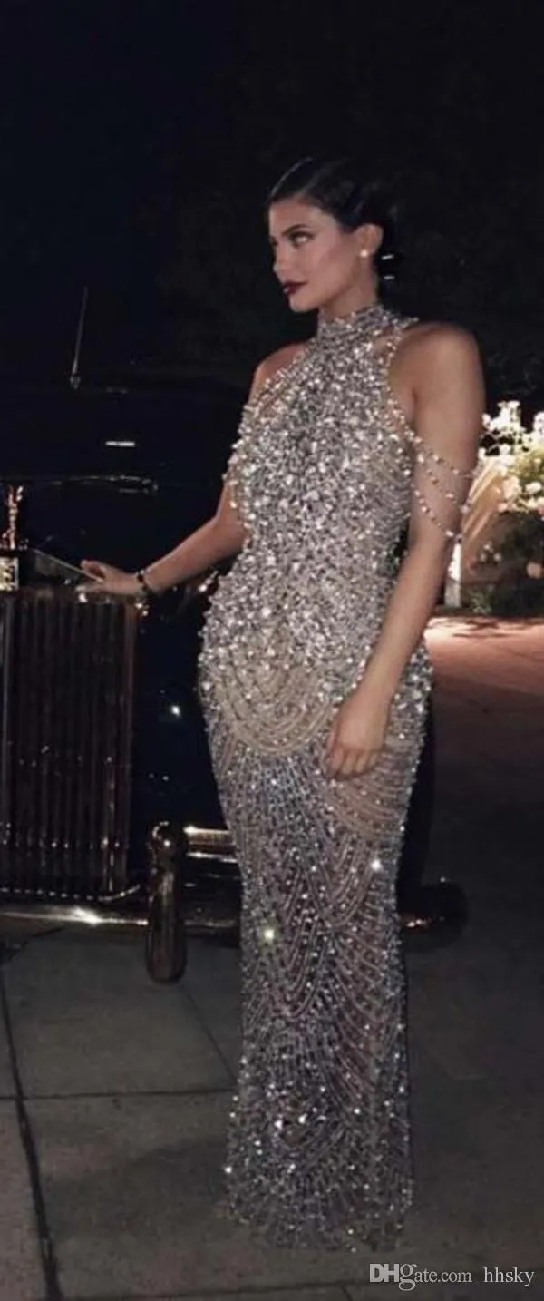 Vestido de celebridades Vestido de noite Labourjoisie Bainha De Prata De Cristal De Alta Neck Yousef alasmi Kylie Jenner Zuhair murad Kim kardashian