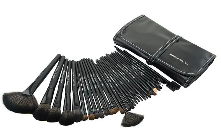 Professionell 32 st Kosmetisk Facial Make up Brush Kit Ull Makeup Brushes Verktyg Set med svart läderfodral