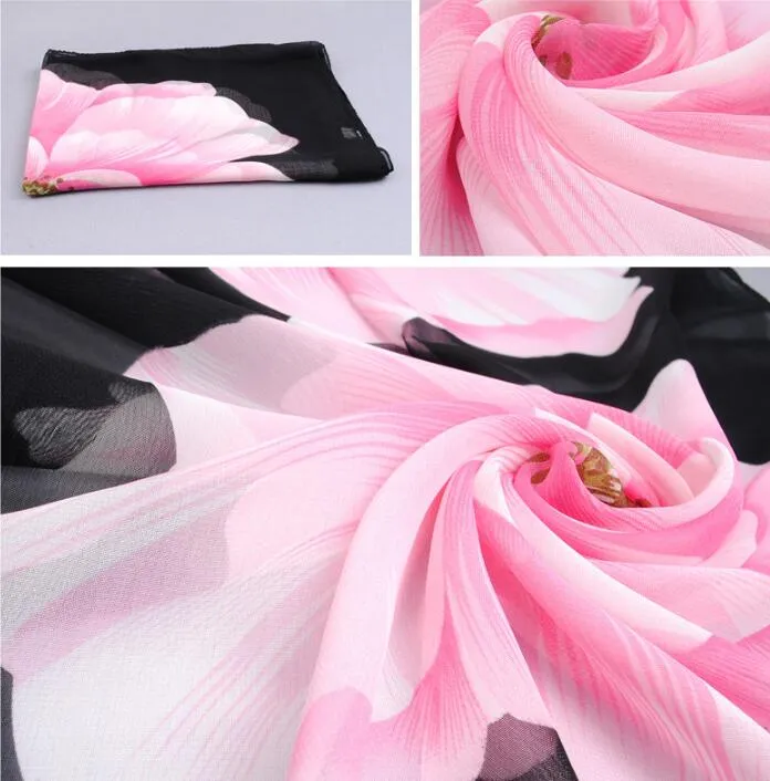 Sciarpa da donna a buon mercato in fabbrica Marca di seta Stampa di lusso Fiore Poliestere Donna Scarabocchio in chiffon Fiore stampato Sciarpa avvolgente Copertura da spiaggia Sarog160 * 50cm