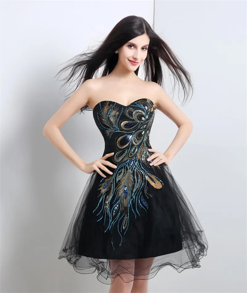 Новый Stock Short Black Organza Prom Dresses 2017 с возлюбленной аппликации из бисера зашнуровать формальные вечерние платья QC239