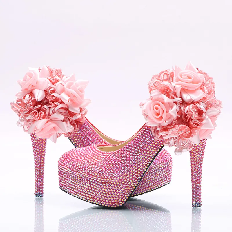 New Arrived Gorgeous Women Dress High-Heel Pink AB Color Flower Crystal Wedding Party Shoes Handmade Banquet Bridal Pumps