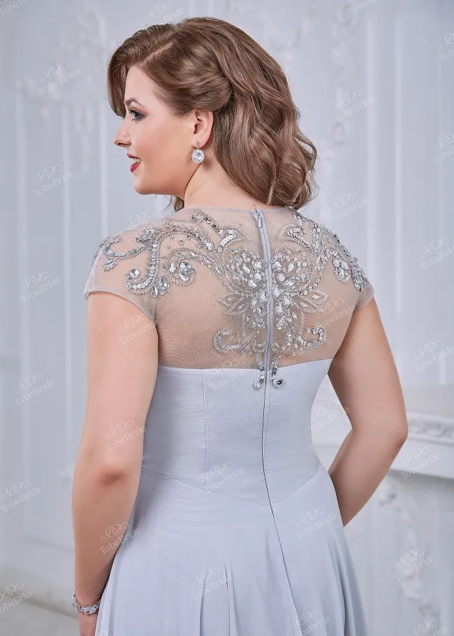 Elegant silver sequined Mother of the Bride Dresses Pärled Sheer Jewel Neck Wedding Gästklänning Sweep Train Plus Size Chiffon Even3508849