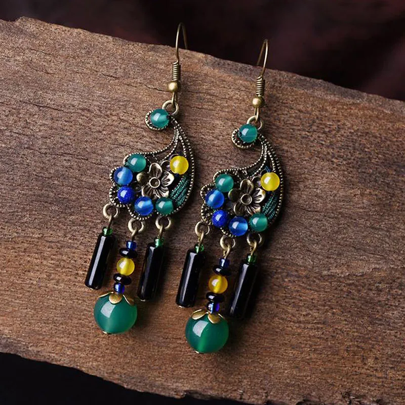 DIY handgjorda örhängen vintage stickning mode örhängen smycken kinesiska etniska gåvor för damer blå legering Gröna örhängen för grossist