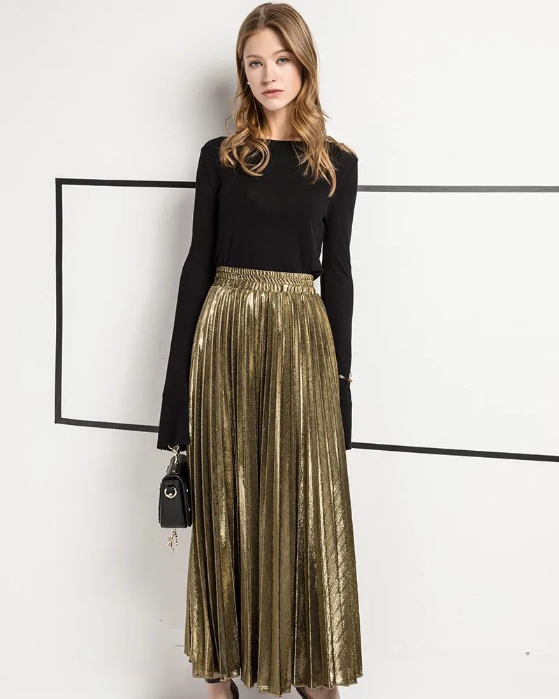 Fashion Gold Skirts Elastic Waist Silver Long 2017 Spring Summer