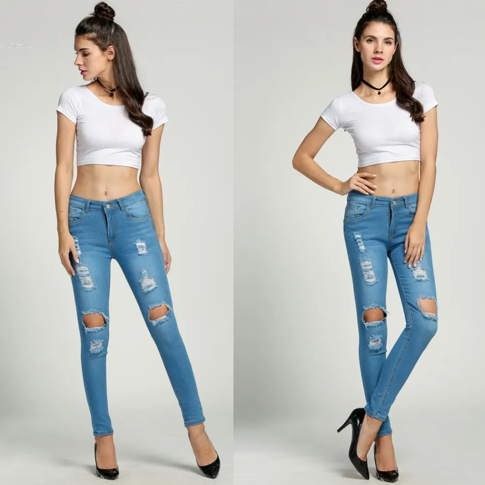 Women's Denim Lace Pants high Waist Stretch Pencil Pants Slim Full Length Ladies  Girl Ripped Jeans Trousers – Essish