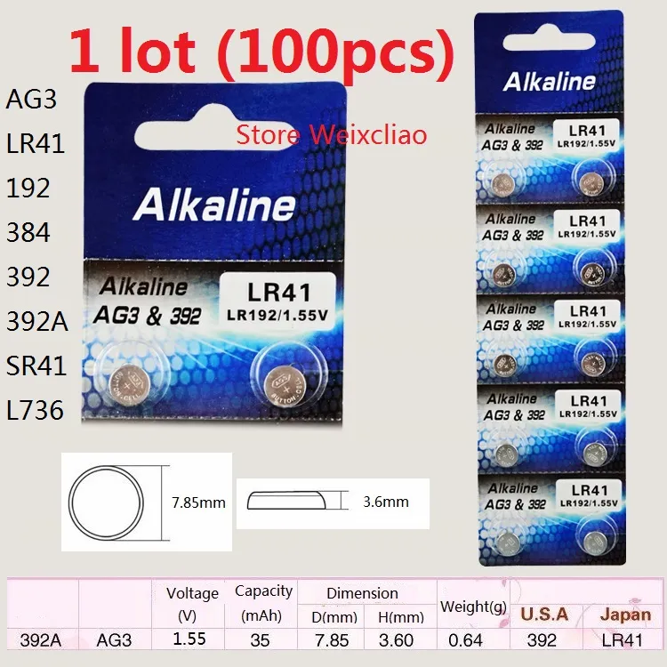 100 pz 1 lotto AG3 LR41 192 384 392 392A SR41 L736 1.55 V Batteria a bottone alcalino Batteria a bottone Spedizione gratuita