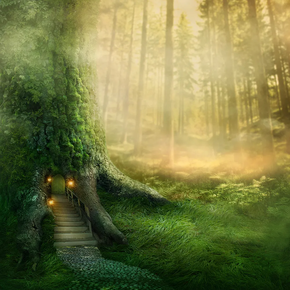 Зеленый фон с джунглями и лесом, живописное дерево, отверстие в корне дерева, детский сказочный фон для фотосъемки, детский фон для фотосъемки с героями мультфильмов, студийные обои