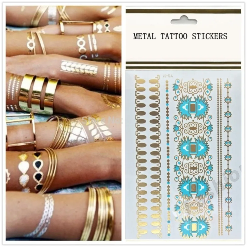 Recién llegado, pulsera de Henna dorada, tatuaje metálico, declaraciones de Color dorado y plateado, tatuaje dorado, tatuaje temporal