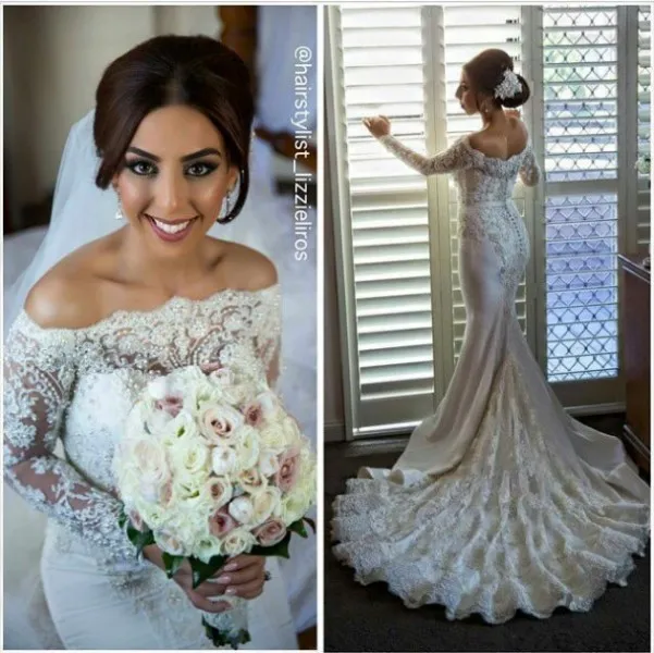 Vintage Zeemeermin Kant 2020 Trouwjurken met lange mouwen Abiti da SPOSA Luxe Parels Kralen Bateau Bruidsjurken Vestidos de Novia