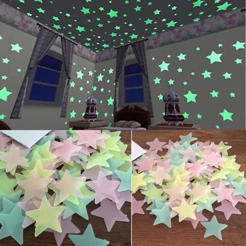 100 stks thuis muur gloed in de donkere sterren stickers planeet muur plafond decor stick op ruimte plafond decoratie 3D-lichtgevende 3 cm