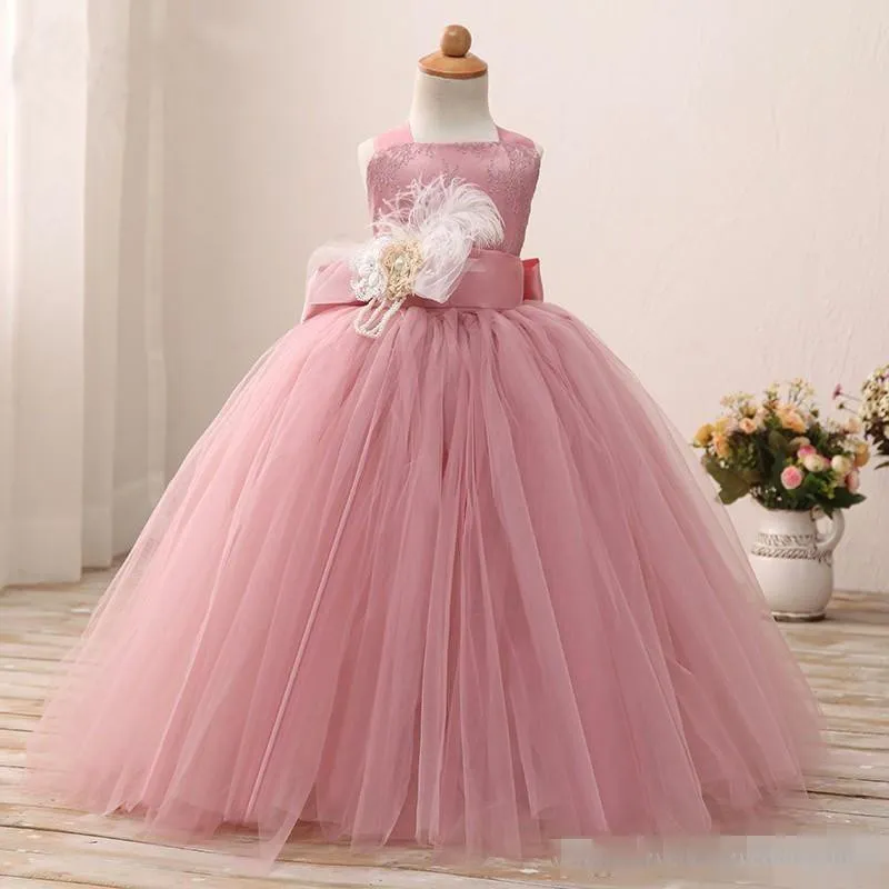 Blush Rose Dentelle Robes De Fille De Fleur Occasion Spéciale Pour Les Mariages Plume Enfants Pageant Robes Robe De Bal Tulle Robe De Première Communion