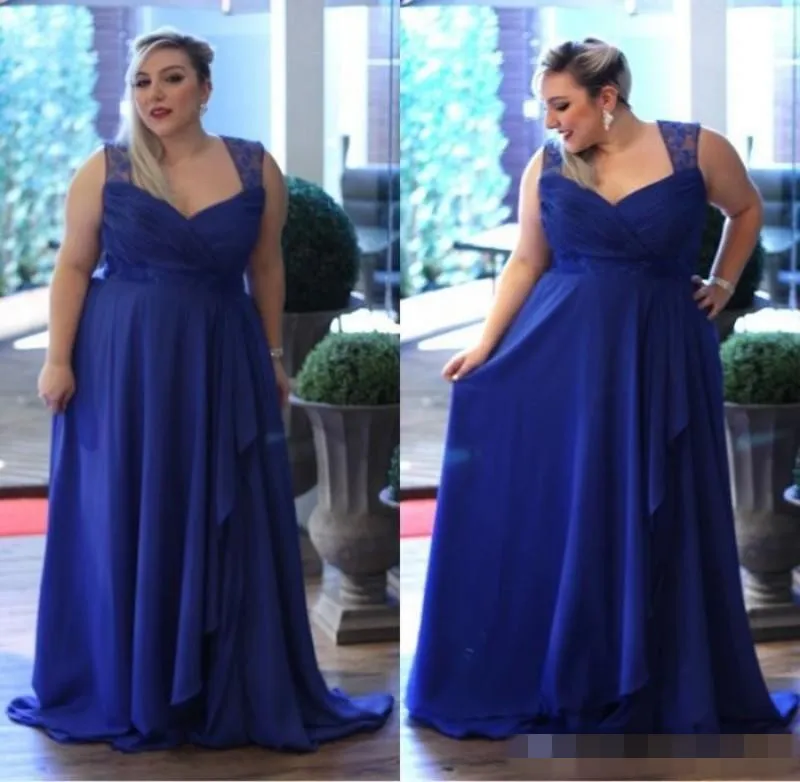 Plus Size Custom Made A Line Chiffon Prom Dresses Royal Blue Spaghetti-bandjes Formele avondjurken Bruidsmeisjes Jurken Moeders Jurk