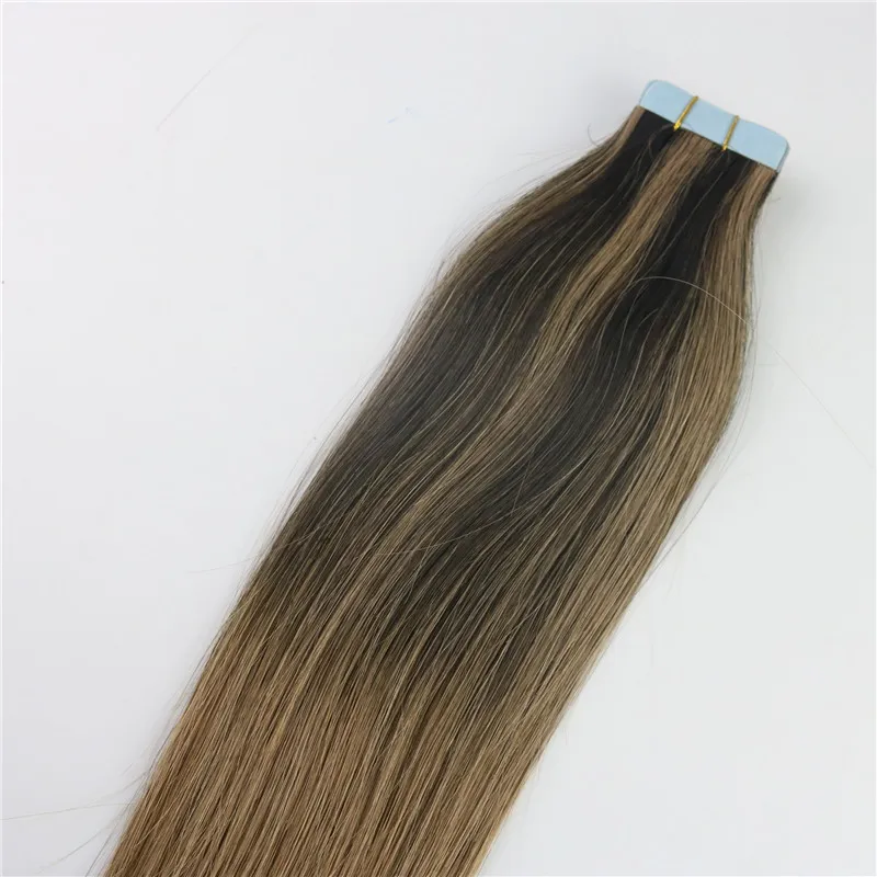 100 gram Fita Em Extensões de Cabelo Humano Balayage Ombre Cor Marrom Brasileiro Virgem Do Cabelo Sem Costura PU Trama Da Pele