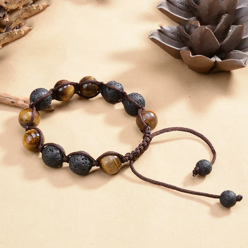 Natural Stone Yoga Bracelet Weave Rope 12mm Tiger Eye Lava Chakras Bracelets Aromatherapy Adjustable Kimter-B675L Z