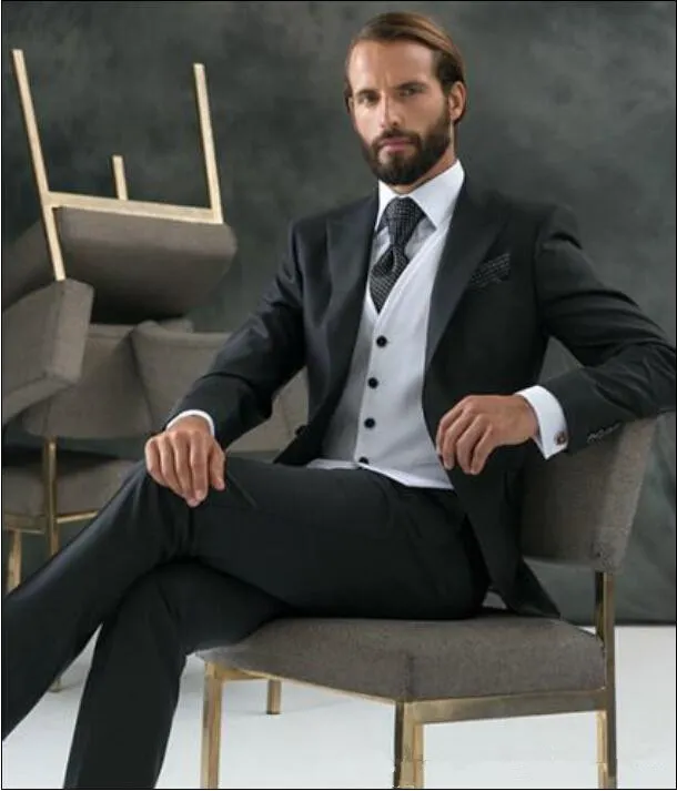 Klassisk svart silver One Button Groom Suits for Wedding 2017 Den bästa mannen kostymer för män passar affärsfest Tuxedos byxa + jacka + väst