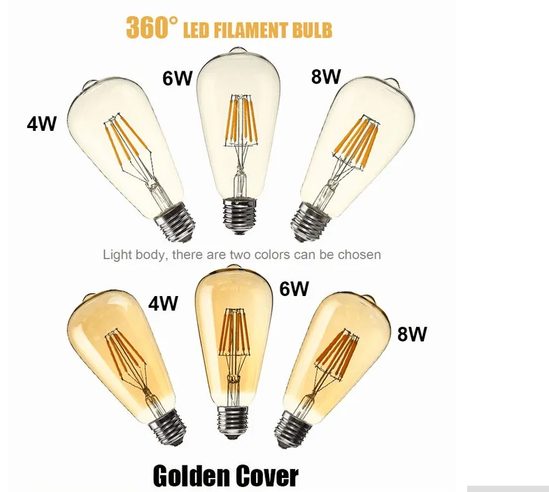 Super Bright E27 LED Filament Bollen Licht 360 Hoek St64 LED-verlichting Edison Lamp 4W / 6W / 8W 110-240V 6 STKS