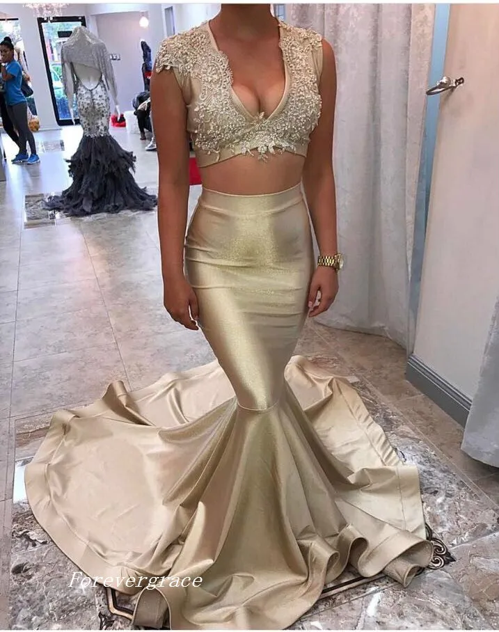 Vestido largo de fiesta de sirena de dos piezas dorado champán con cuello en V, encaje con cuentas de satén, vestido de fiesta de noche Formal hecho a medida de talla grande