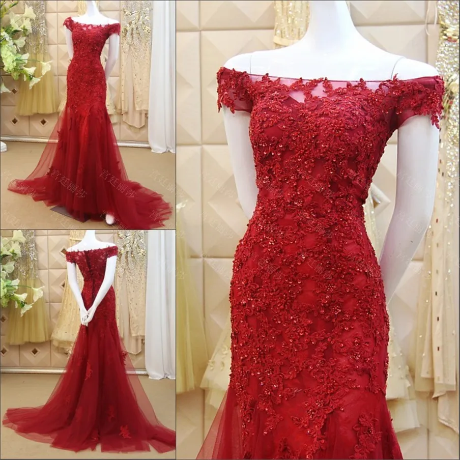 Customization Wine Colored Evening Dresses 2019 Appliques Lace Beaded