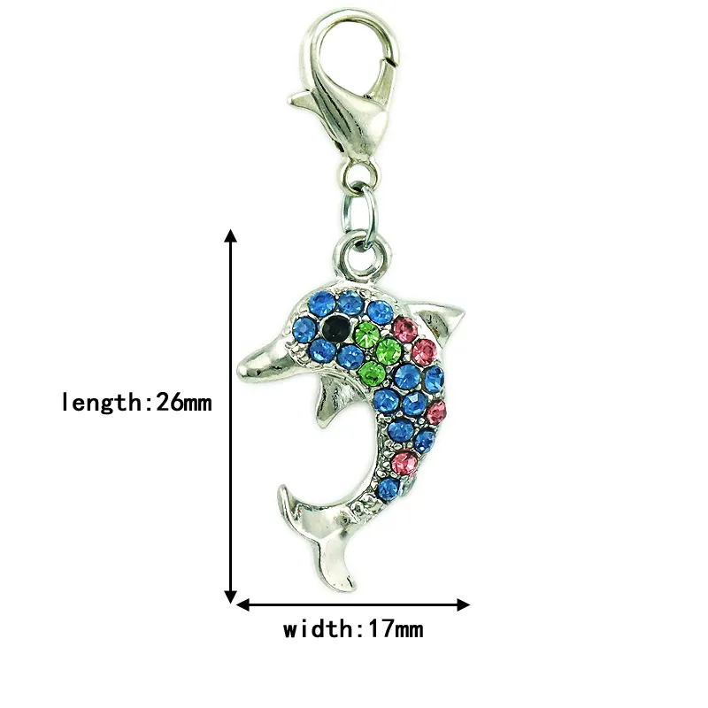 Helt ny mode charms dangle rhinestone dolphin djur charm med hummer lås diy smycken gör tillbehör