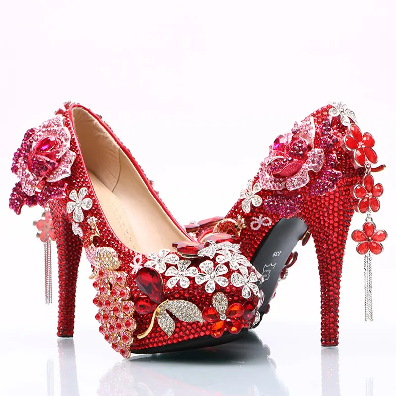 Luxueux rouge strass chaussures de fête de mariage bout rond haut talon robe de mariée chaussures cristal Phoenix et Rose Prom Party pompes