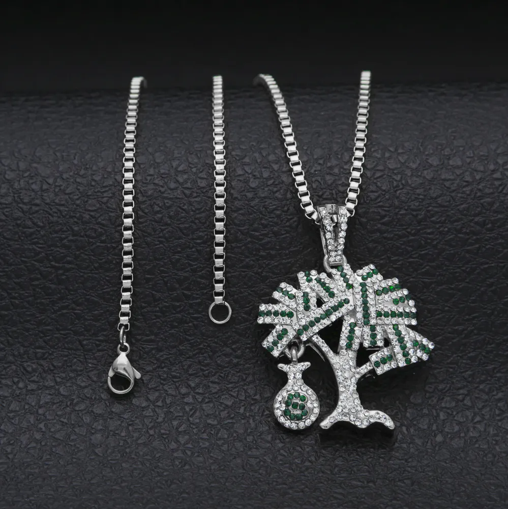 Hip Hop Gold Silver USA Money Tree Pendant Bling Rhinestone Crystal Necklace Stain for Men2613