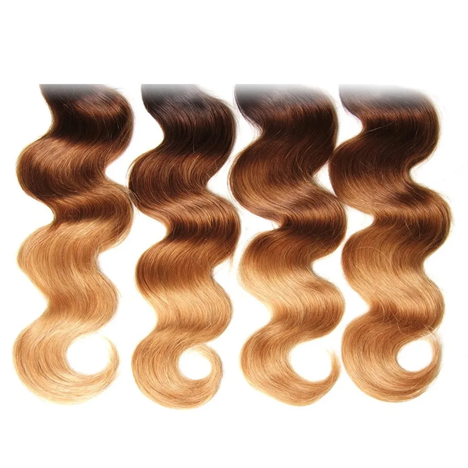 Trois Tons Miel Blonde Humaine Vierge Cheveux Bundles # 1B 4/27 Brun Blonde Ombre Extensions de Cheveux Double Trame Vague de Corps Armure de Cheveux Humains