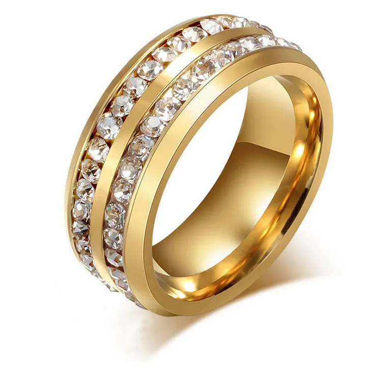 Moda 18k banhado a ouro banhado a aço inoxidável dois linhas Anéis de cristal austríacos para homens mulheres amantes anéis de dedo homens anel jóias de casamento