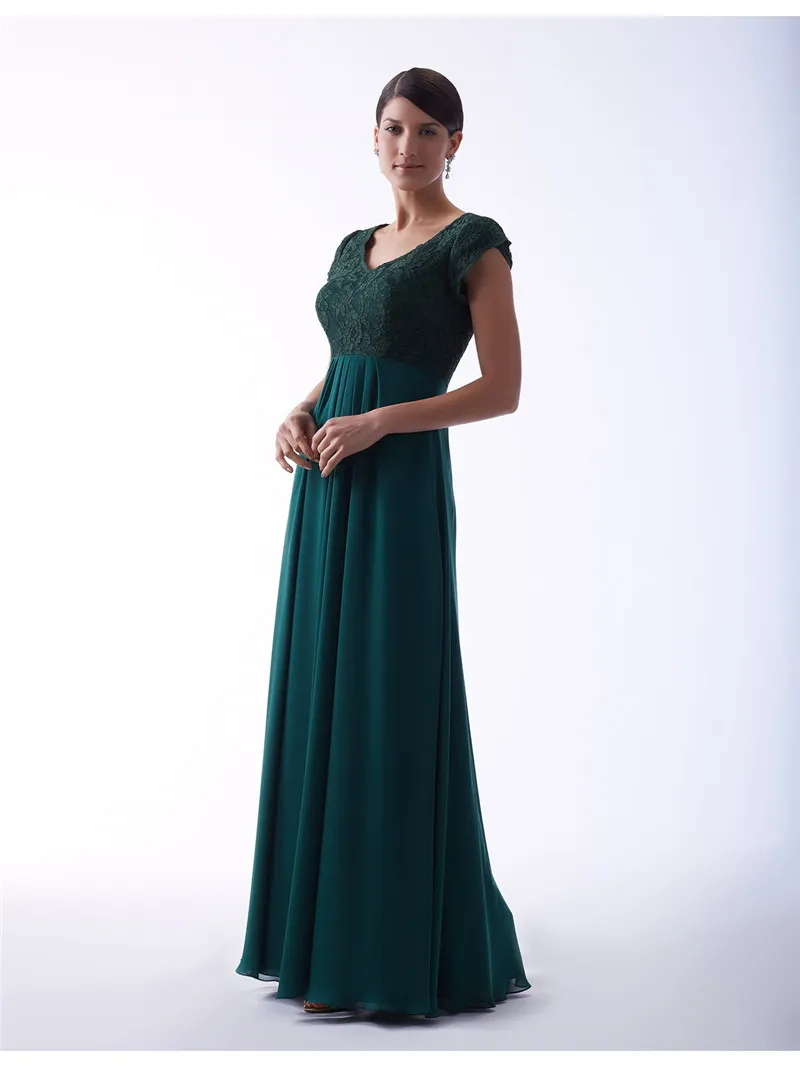 Dark Green Modest Bridesmaid Dresses Long With Short Sleeves Lace Chiffon A-line Summer Wedding Party Dresses Cheap Custom Made
