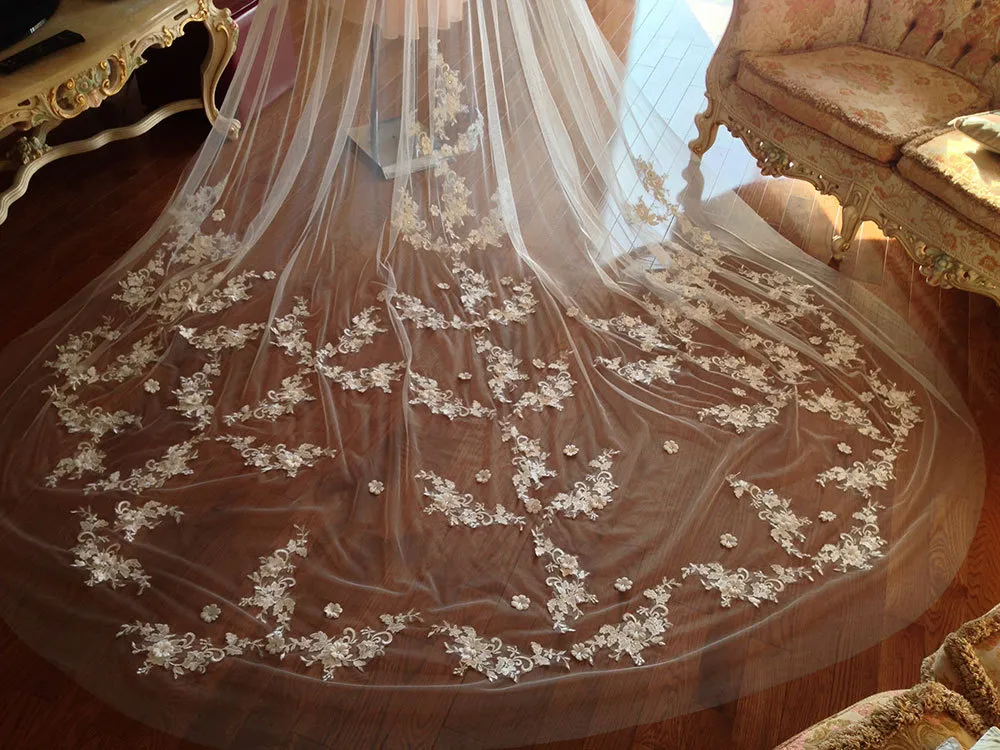 New Arrival Cathedral Wedding Veils Three Meters Long With Lace Applique Two Layers Custom Made Cheap Bridal Veil