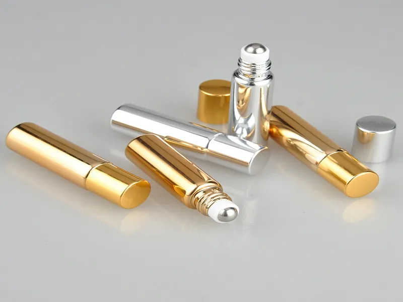 100 stks / partij 5 ml uv lege glazen navulbare parfumfles met metalen balrol op parfumflessen essentiële flessen goud zilveren kleur