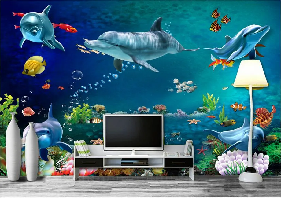 Carta da parati 3d foto personalizzata murale Sea world delfino pesce scenario decorazione della stanza pittura 3d murales carta da parati pareti 3 d