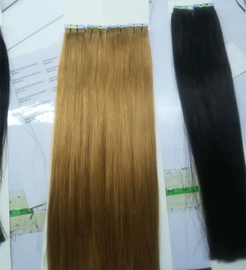 Grade 7A PU PU Bant Brezilya İnsan Saç Uzantıları Düz ​​Kahverengi Renk Bant Uzantılarda PACK REMY Cilt Atkı Saç