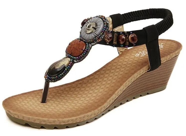 Vente en gros femmes bohême style folklorique chaussures compensées commerce sandales à la main sandales perlées dame chaton talon sandales décontractées livraison gratuite