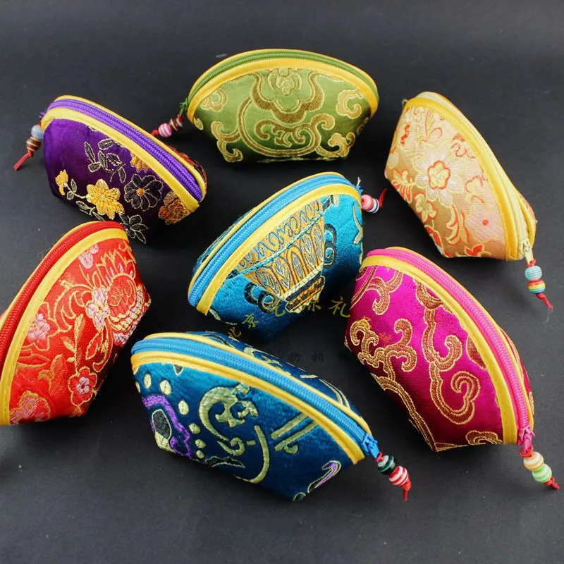 Hoge Kwaliteit Leuke Kleine Shell Sieraden Zip Tassen Verpakking Zijde Brocade Munt Portemonnee Opslag Pouch Candy Gift Bag Bruiloft Gunst 20pcs / lot