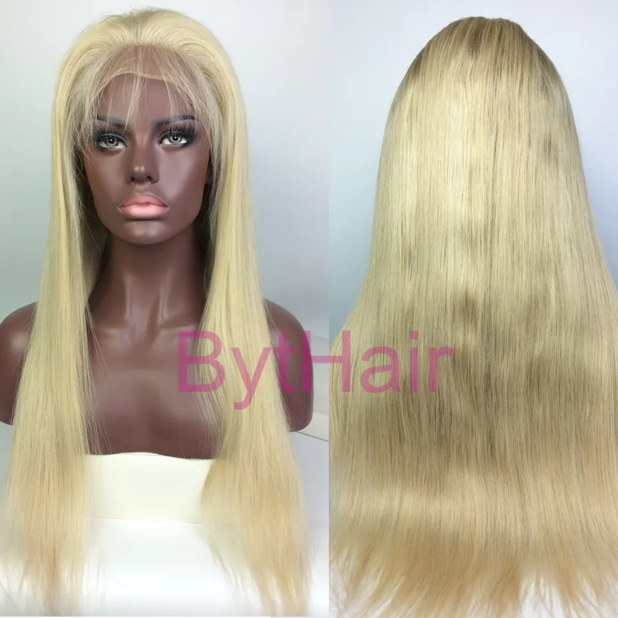 Bythair Braziliaanse rechte pruiken # 60 blonde maagdelijke Braziliaanse menselijke haar volledige kant pruiken 100 lijmloze volledige hand gebonden pruik met baby haar