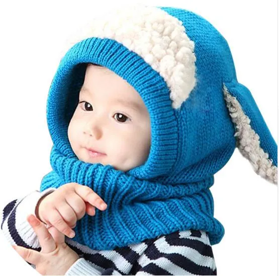 Cute Baby Rabbit Ears Cappello lavorato a maglia Infant Toddler Winter Warm Hat Berretti Berretto con sciarpa con cappuccio Earflap baby Kid Hat