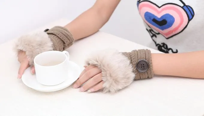 Gants de bouton femmes fille tricoté fausse fourrure de lapin gants sans doigts hiver plus chaud mitaines d'extérieur accessoires de mode colorés cadeaux de fête