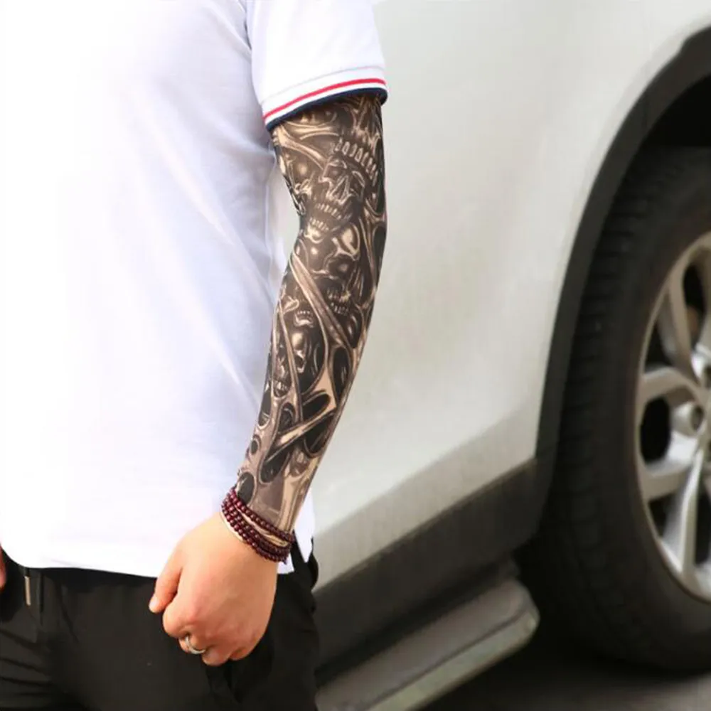 Summer Outdoor Sport Fitness Unisex Stretch Nylon Fake Temporary Tattoo Sleeves Elastic Anti-UV Women Men Arm Stocking Sleeves