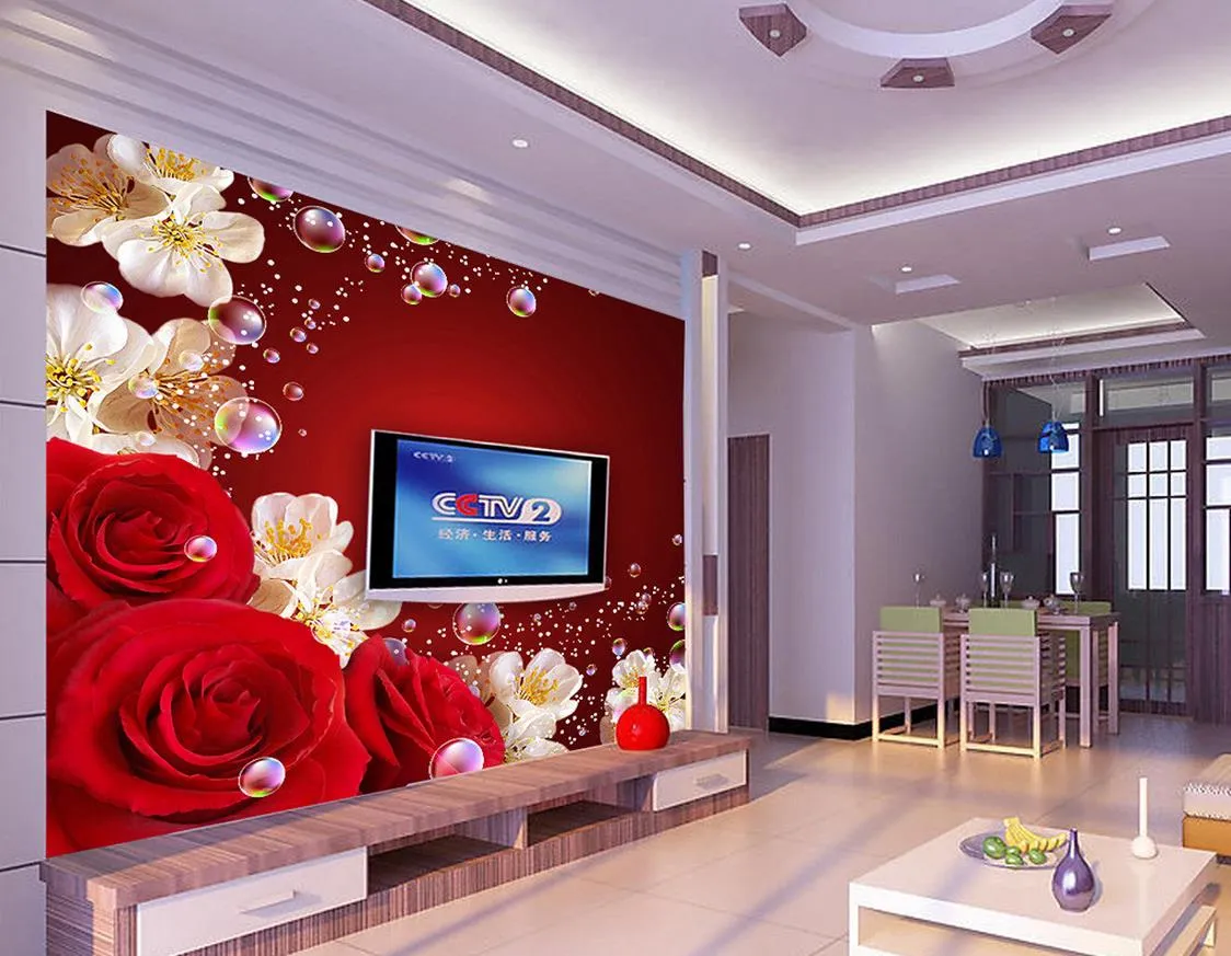 Top Klassieke 3D-Europese stijl TV Setting Muur van Rozen Rood Mooie Dream Red Rose Flower