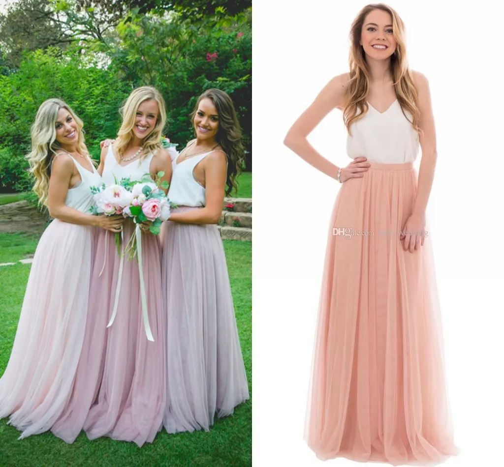 Deux Pièces Longues Robes De Demoiselle D'honneur Spaghetti Soie Comme Satin Tulle Étage Longueur Blanc Rose Pays Robe De Demoiselle D'honneur Plage Robe De Fête De Mariage