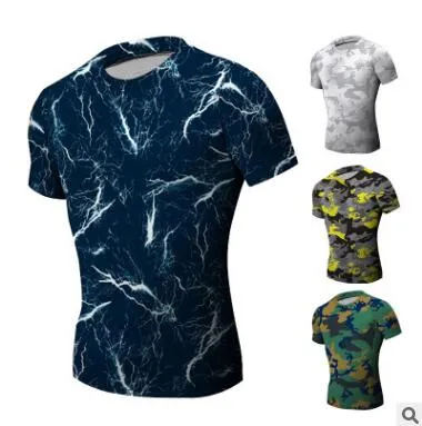 New Mens T-shirts Short Sleeve O-neck Compression Tops Cool Skin Tights Camo Workout Clothes Gyms Slim Fit Tracksuit Bodybuilding Wear Blue