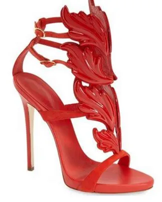 Hot Sale !Golden Metal Wings Leaf Strappy fashion Sandal Silver Gold Red Gladiator High Heels Shoes Women Metallic Winged Sandals