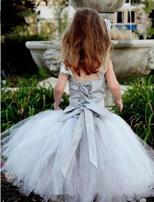 Gray Lace Up Girls Pageant Gowns With Straps Tulle Tutu Skirt