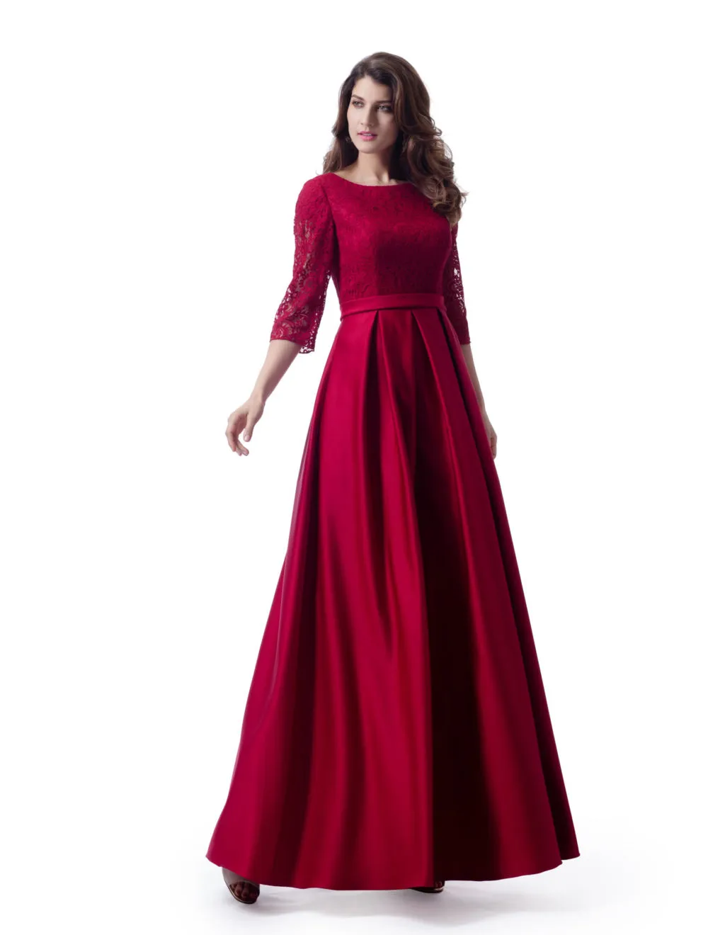 Mörk röd spets satin långa blygsamma brudtärna klänningar med 34 ärmar A-Line Country Temple LDS bröllop brudtärna kläder skräddarsydda nya